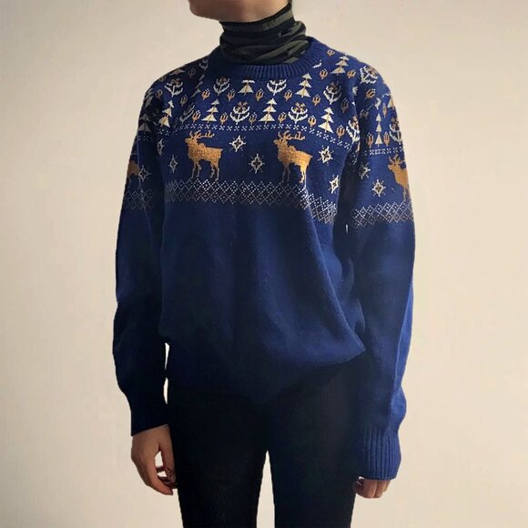 Vintage Hanukkah Sweater Blue Menorah Reindeer Holiday Festive Unisex Medium L - Picture 1 of 9
